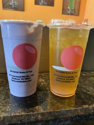 Left: Taro Coconut Red Bean Milk Tea with Boba Right: Lavender Green Tea