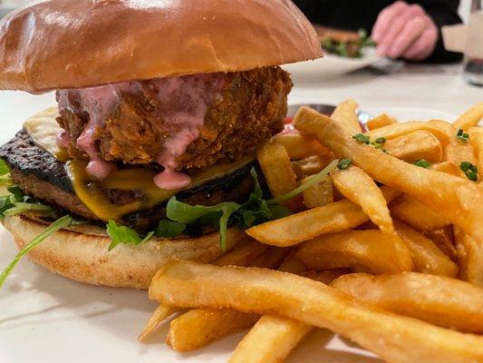 The Festivus Burger: Beyond Meat burg w/deep fried stuffing patty, and more