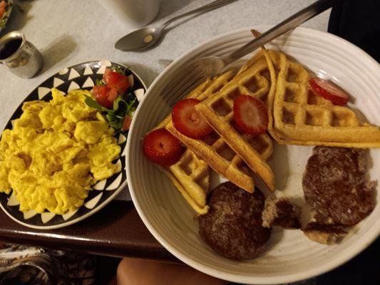 Belgium waffles side of scrambled eggs. Hot coffee was incredible!