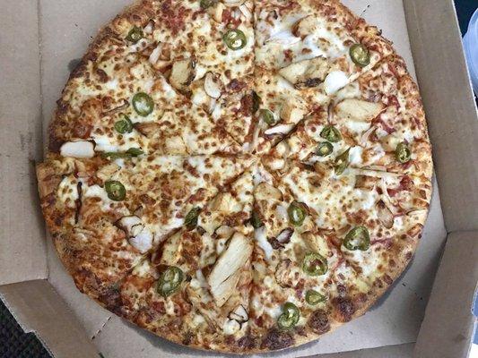 Large pizza - chicken, onions and jalapeño peppers.