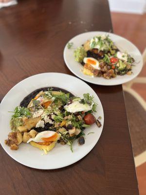 Best of everything: some huevos rancheros, Lauren's special, and goat cheese grits!