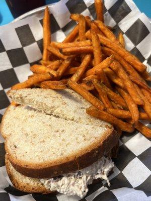 Chicken salad sandwich with sweet potato fries