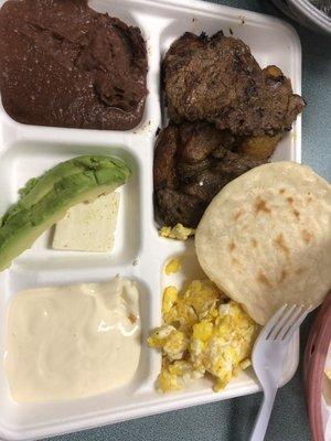 Simple breakfast with carne asada and 3 corn tortillas