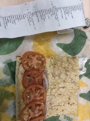 The middle sub on the receipt is what I asked for, all I got was a flat bread with chicken and tomatoes.