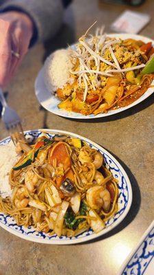 Shrimp with Basil and yellow noodles lunch special, vegetarian pad Thai in the back