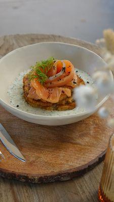 Deruny - Potato pancakes with salmon.