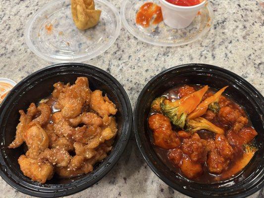 Not good. :(   Sesame chicken on the left and general tso on the right.