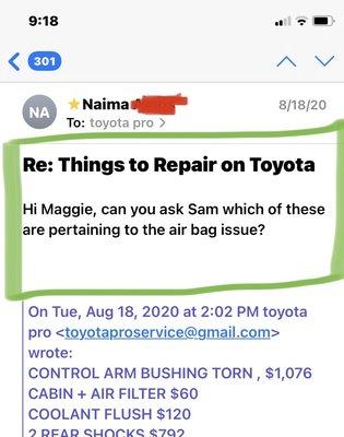 Me asking receptionist to ask Sam was the airbag estimate included in any of this $4496 estimate?