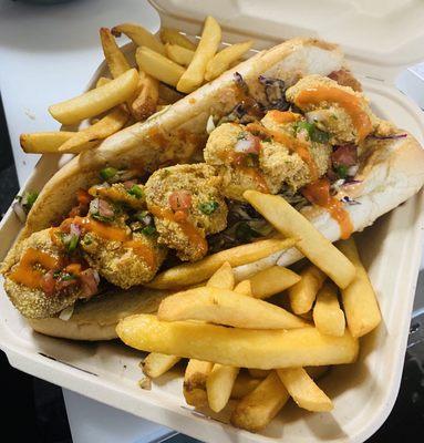 Shrimp Po Boy with pico, bacon, cilantro slaw and chipotle remoulade