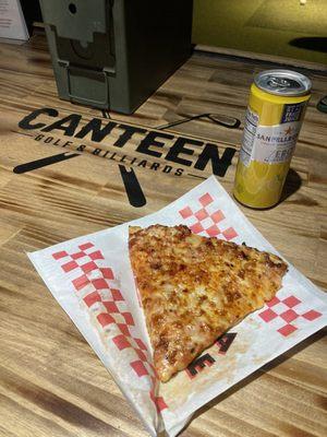 Hot honey pizza and a lemon San Pellegrino