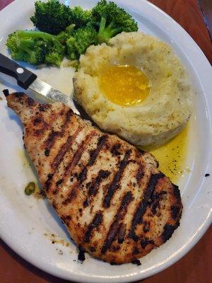 Grilled chicken with mashed potatoes. This was very flavorful but would have been better with gravy on the potatoes.