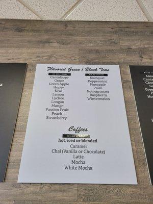 Tea and coffee menu