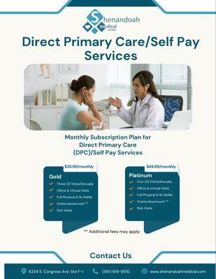 Direct Primary Care/Self Pay Monthly Subscription Plans available.