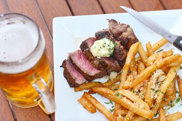 Steak Frites with Local Shipley Farms Ribeye & Parmesan Truffle Fries plus a Hounds of Helles Lager