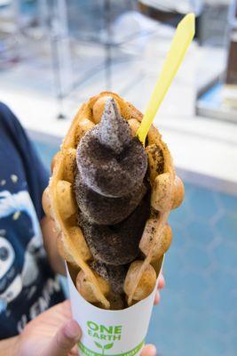 cookies and cream soft serve with a waffle cone