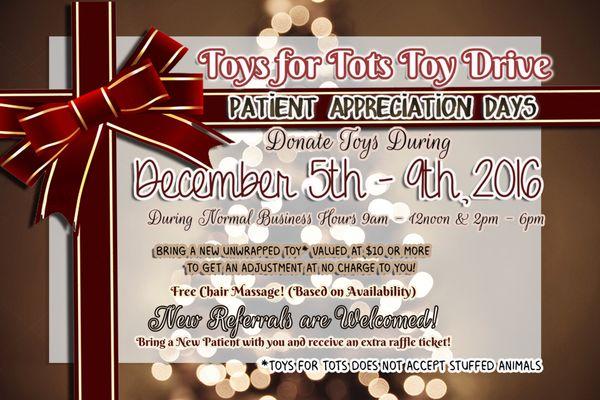 Dr. Youdeem is having a Toys for Tots Toy Drive. Bring a $10 unwrapped toy to get an adjustment at no charge to you! No stuffed animals!