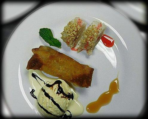 Apple Pie egg roll, fruit sushi