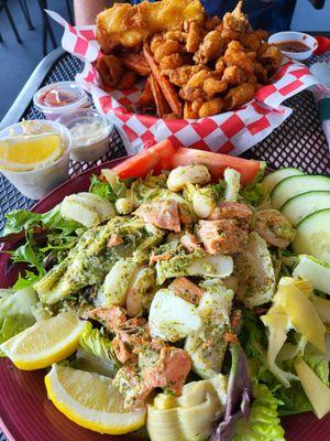 Warm seafood salad and captain's platter