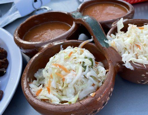 Toppings for meals - Spicy creamy tomato sauce (like a mild salsa) and p picked pepper slaw (light flavor & perfect crunch)