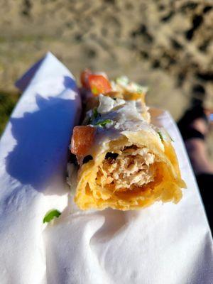 At Albany beach, enjoyiny my chicken flauta.