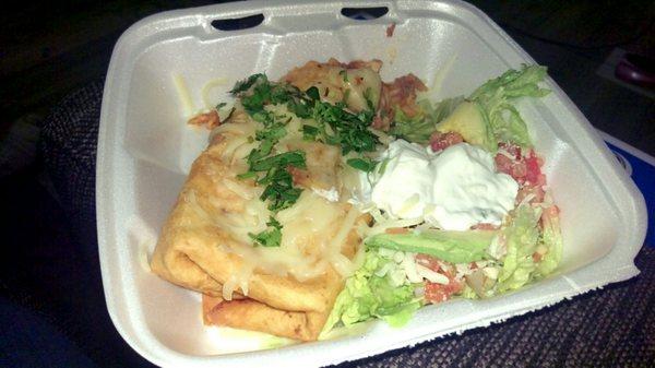 Crispy Chicken Chimichanga , with rice and beans, and a salad on the side.  Ask for mozzarella