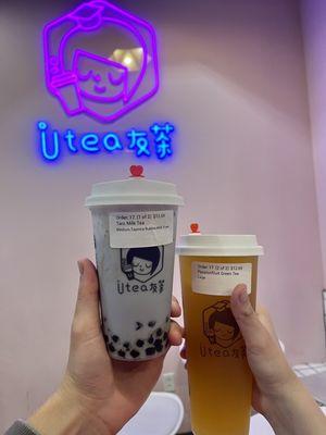 taro milk tea with boba & milk foam - med; passionfruit green tea - large