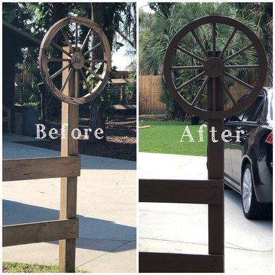 Fence post before & after. Homeowners wanted to paint their fence to match their house.