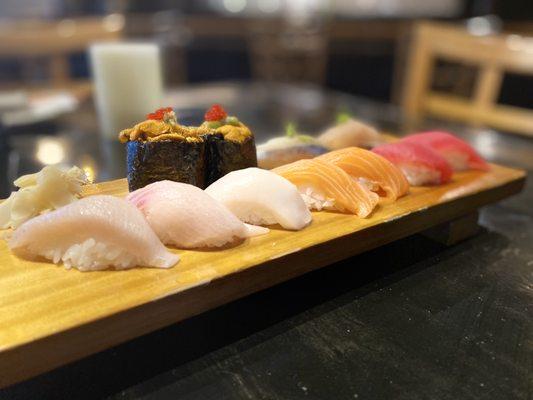 Uni (sea urchin), hamachi (yellowtail), shiro maguro (albacore tuna), sake (salmon), kihada (ahi tuna), saba (mackerel), and white tuna