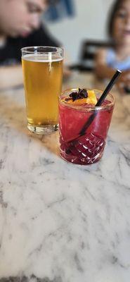 Hibiscus margarita and la llorona beer.