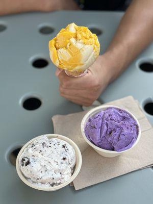 Mango sticky rice, ube pandesal, milk & cookies