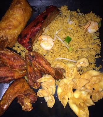 Chicken Wings, BBQ Spare Ribs, Shrimp Fried Rice, Crab Rangoons & Eggroll!!! Always Great Food!