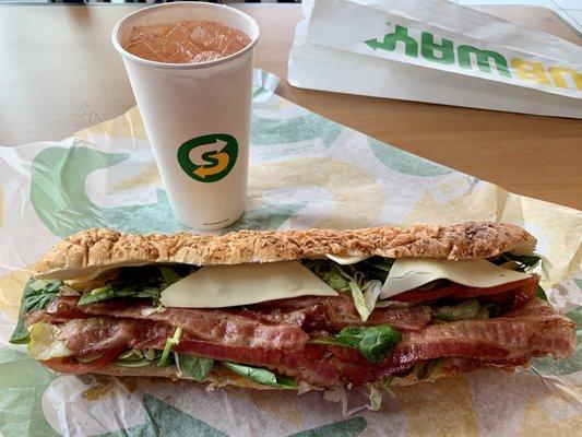 Footlong B.L.T. On herbs and cheese bread.  With strawberry lemonade.