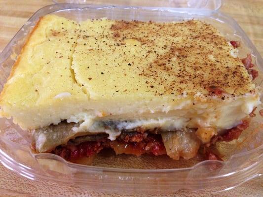 Homemade Moussaka- layered meat sauce, eggplant and potatoes topped with a creamy béchamel sauce