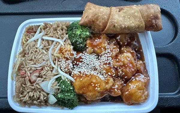 Delicious Sesame Chicken, Fried Rice and an Egg Roll