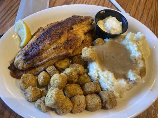 Us U.S. Farm-Raised Grilled Catfish - 2 Pieces Fried Okra Mashed Potatoes w/Brown Gravy