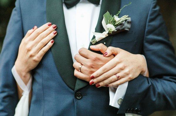 2 wedding bands and 1 engagement ring designed with Neil. Rose gold with ruby, alexandrite, & diamond. (Photo by Alice Che Photography)