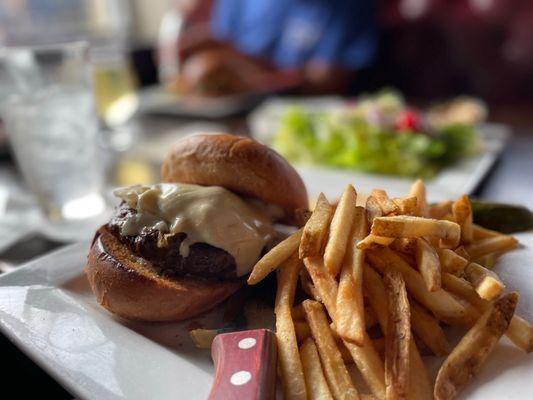 Garlic Burger and fries and salad