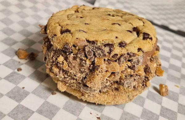 Chocolate chip cookie with chocolate ice cream and a Heath topper