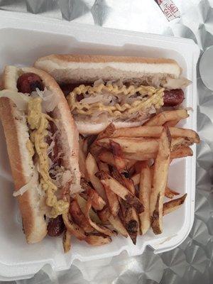 2 Kraut dogs and Fries