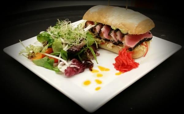 Seared Ahi Tuna Sandwich garlic crusted seared ahi tuna cucumber kim-chi avocado wasabi aoli served on ciabatta roll