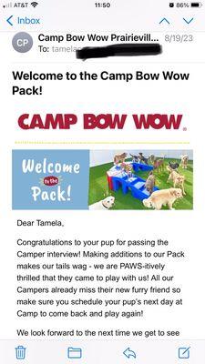 This was sent to me about a half hour after being told my dog could not stay at Camp Bowwow