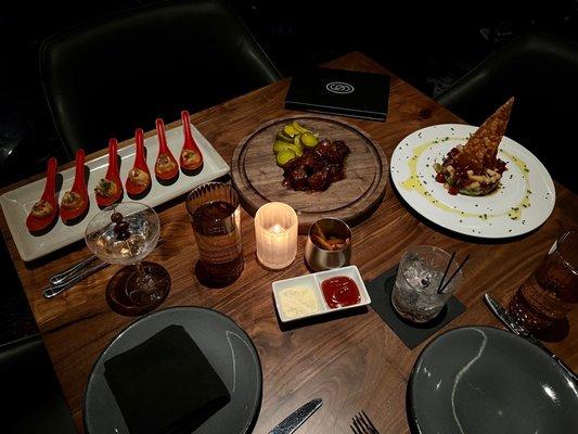 Appetizers ( Grilled Cheese Dumpling, Short Rib Burnt Ends, Blue Fin Tuna Poke)