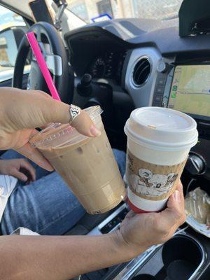 Snickers iced coffee and hot Carmel macchiato