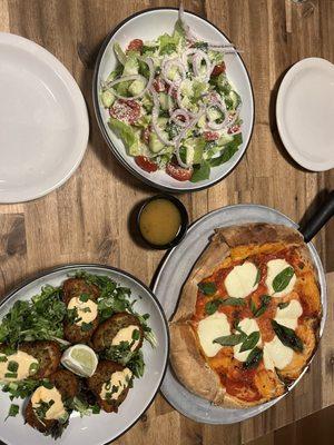 Margherita pizza, shrimp toast, house-chopped salad