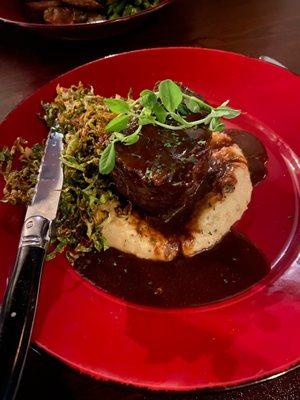 Short Rib Special with mashed potatoes and shaved Brussels