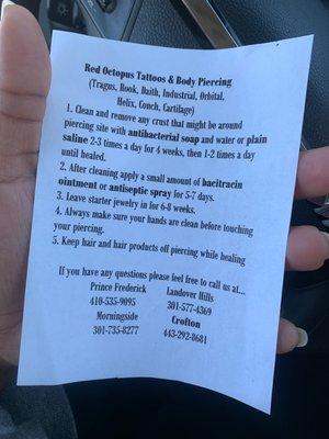 Piercing care instructions