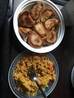 Pork fried rice with just peas and carrots and fried dumplings. So good!