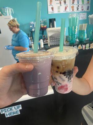 Ube Iced Bean (left) and Strawberry Bubble Tea (right). Delicious!