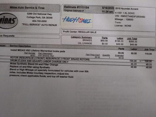 clean front rotor & drum: work authorization. $100 & $45.33