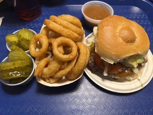 Charlieburger, onion rings, lots of pickles and a side of hot sauce. Yum!